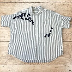 Madewell Blue Striped Women’s Large Button-Down Shirt w/Blue Floral Embroidery